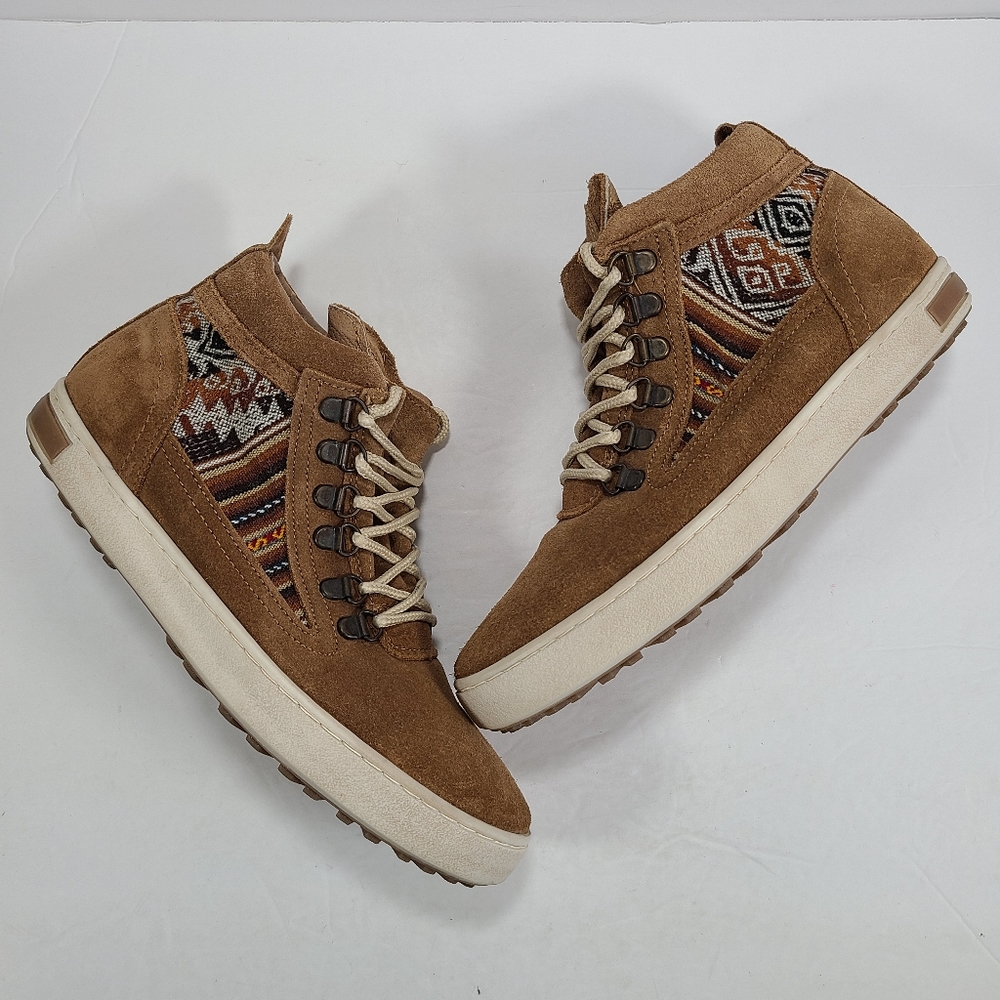 inkkas Brown Suede High-Top Sneakers with Multi-Color Woven Panels